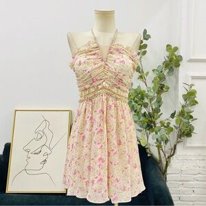 Pink/Yellow Floral Halterneck Mesh Rhinestone Fit & Flare Dress